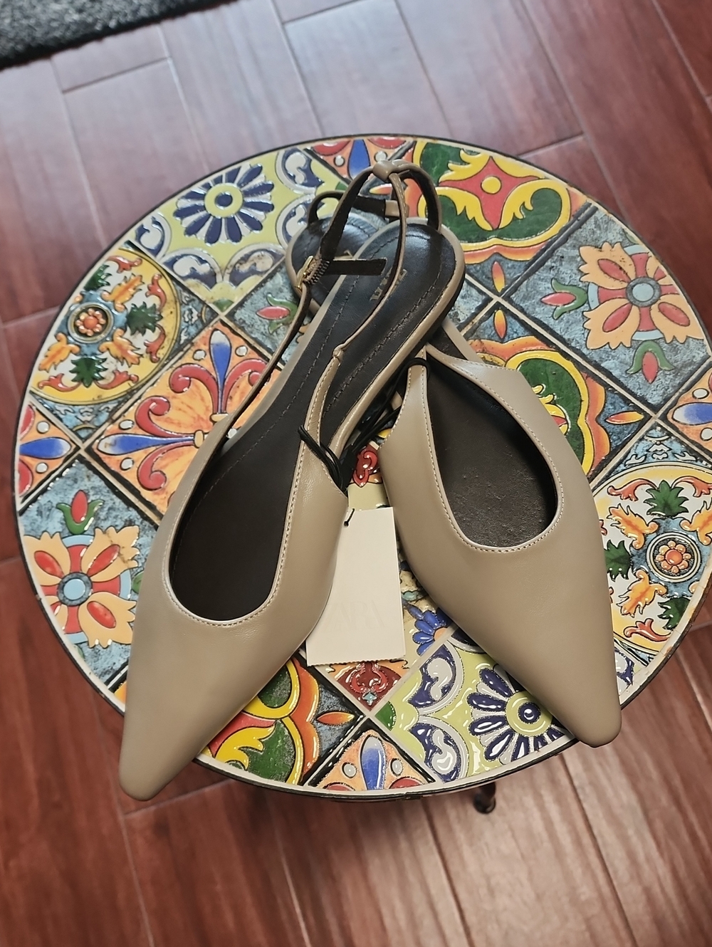 Zara Taupe Pointed-Toe Slingback Flats with Adjustable Strap